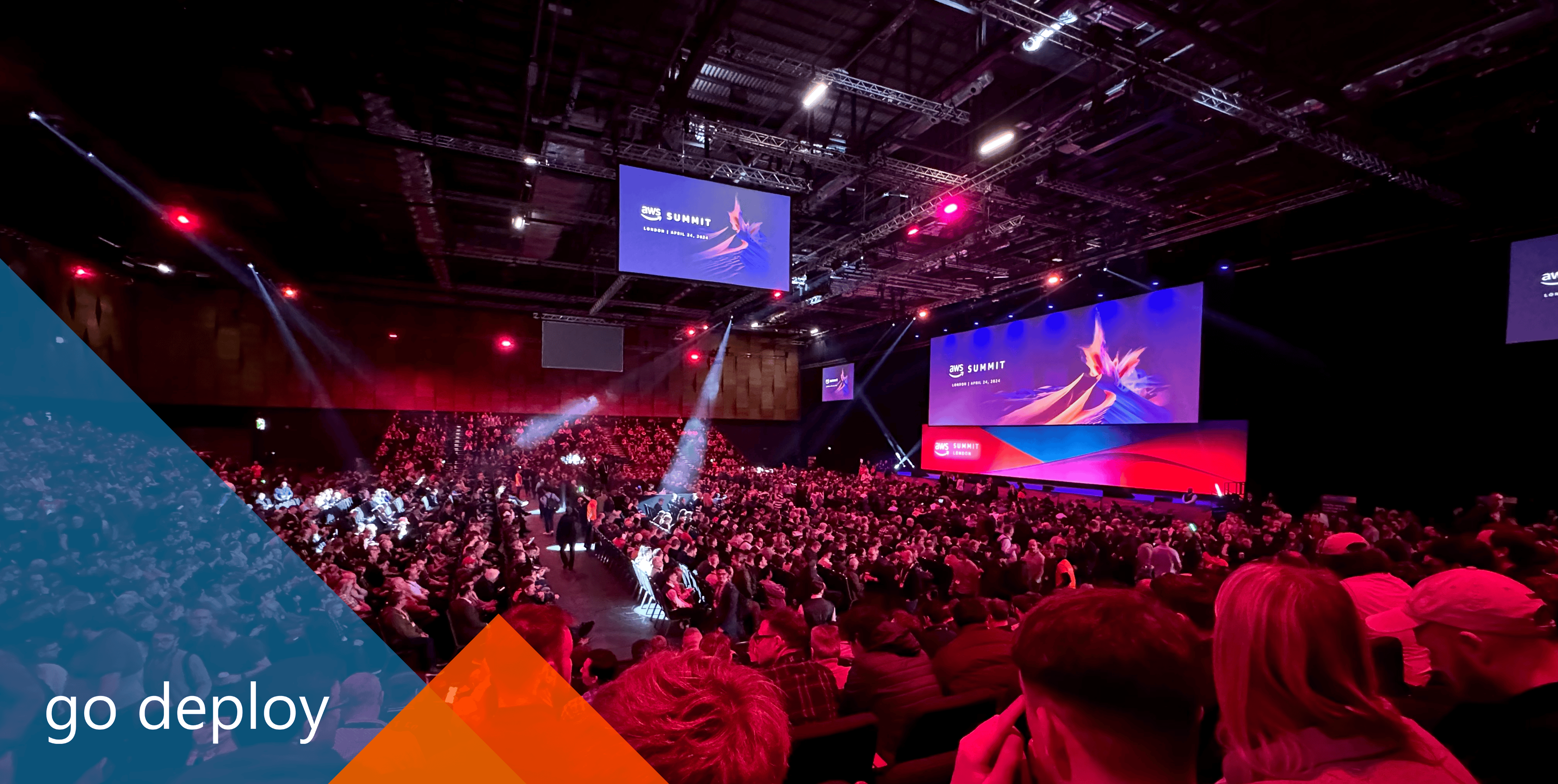 Image of the audience and stage at the AWS Summit Keynote in London.